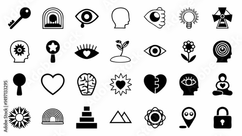 Exploring Inner Peace and Growth A Symbolic Journey Through Self Discovery Icon Set in Simple Black