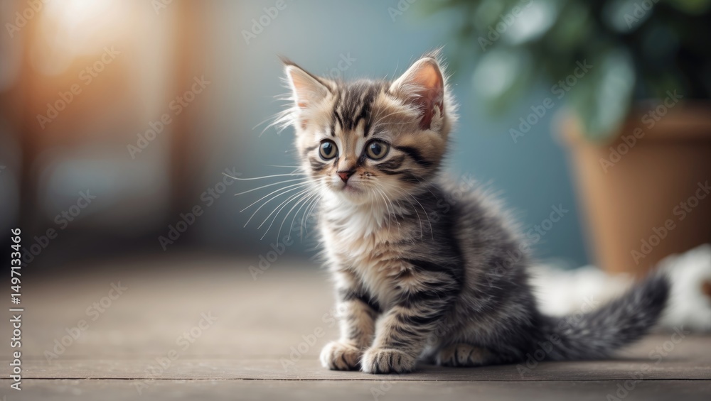 Adorable kitten with a striped coat sitting on a wooden surface with blurred indoor background and potted plant. Adorable kitten with a striped coat sitting on a wooden surface with blurred indoor background and potted plant.
