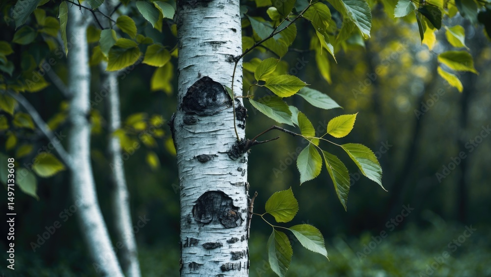 Fototapeta premium Birch tree with green leaves in a forest setting
