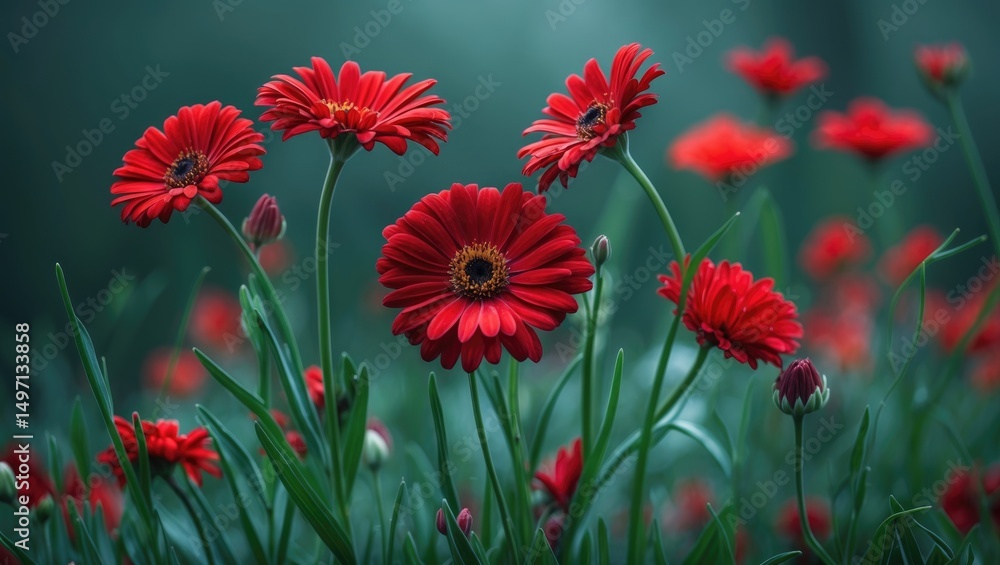 Obraz premium Red flowers in a garden with green foliage and a blurred background.