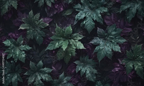 Mysterious, opulent leaf pattern; deep greens and rich purples create a dark, dramatic design , texture, purple