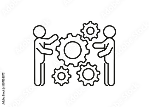 Business teamwork, management with gear, line icon. CRM, workforce. Partnership, training in work. Career development Vector illustration