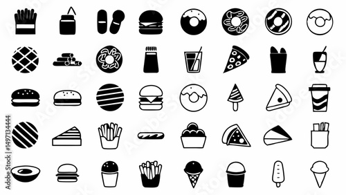 A delightful spread of junk food icons hinting at cravings indulgence tempting treats in monochrome