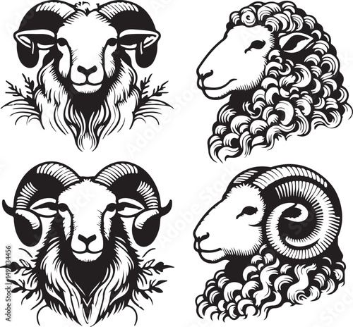 Sheep heads vector line art