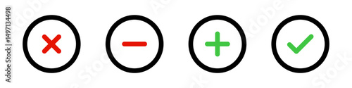 
Set of Green check marks, red cross signs, checkbox list vector icon. Checklist signs in round shapes. Green tick and red x check mark button collection isolated on white background.Plus, minus icons