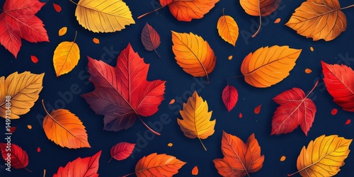 pattern of red, yellow, and orange autumn leaves scattered across a navy blue background, creating a seasonal design, Generative AI