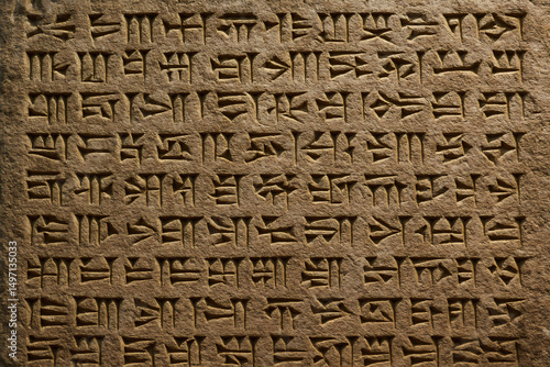 Close up of ancient cuneiform script carved into a stone tablet with detailed symbols visible