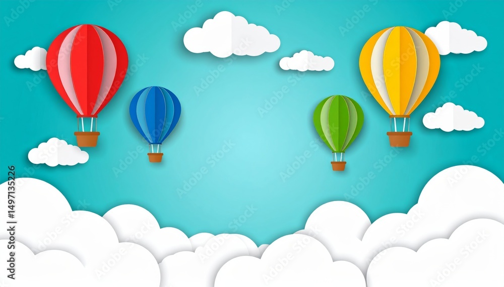 Fototapeta premium Colorful hot air balloons flying in a summer sky with clouds and a rainbow, a fun cartoon illustration of travel and adventure