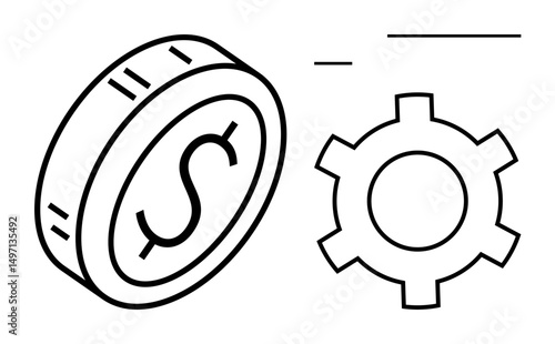Coin with dollar symbol beside gear indicating finance, economic growth, workflow, and system mechanics. Ideal for business, investment, budget, savings, process optimization financial operations