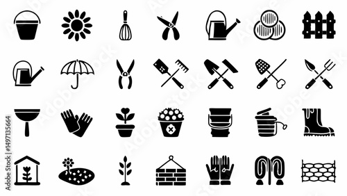Preparing for springtime A gardener s dream with tools and symbols of growth and bloom in black