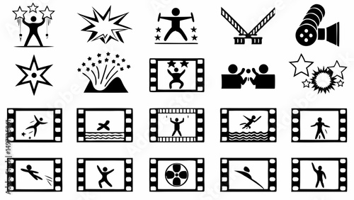 Celebrating cinematic achievements with illustrated film icons and stars in bold black and white