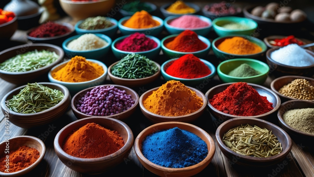 A variety of colorful spices displayed in small bowls for cooking or seasoning.