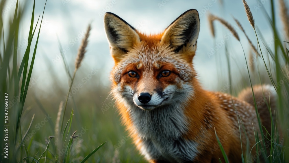 Naklejka premium A fox in a natural grassy environment with tall grass and a blurred background.