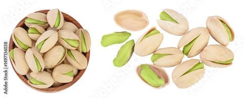 Wallpaper Mural pistachio in wooden bowl isolated on white background with  full depth of field. Top view. Flat lay Torontodigital.ca
