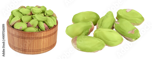 Wallpaper Mural peeled pistachio in wooden bowl isolated on white background with  full depth of field Torontodigital.ca