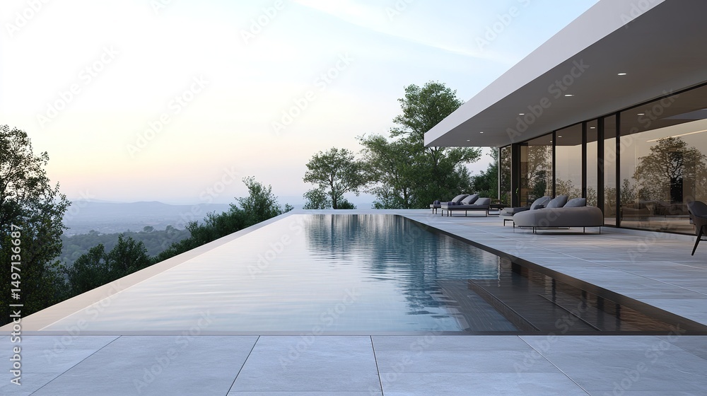 Fototapeta premium Luxury Modern House Infinity Pool with Panoramic View: An Oasis of Calm and Tranquility