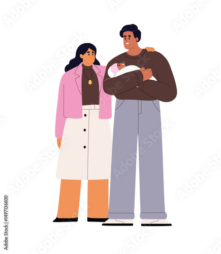 Cute interracial family with newborn. Young parents hold their infant. Mother and father with baby on hands hug. Happy mom and dad with kid stand together. Flat isolated vector illustration on white
