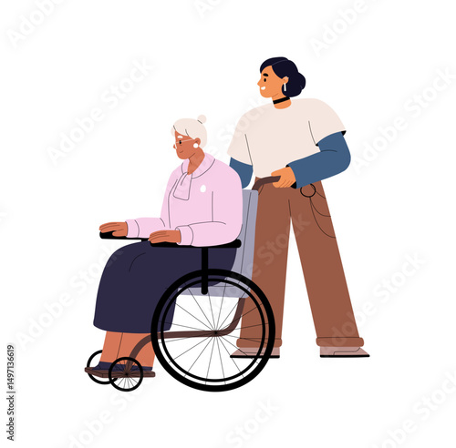 Nurse walks elderly person with disablility on wheelchair. Volunteer cares about old woman, granny on wheel chair. Social worker helps, assisting senior. Flat isolated vector illustration on white