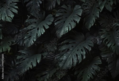Dark, lush tropical leaves on black background, jungle, texture, deep