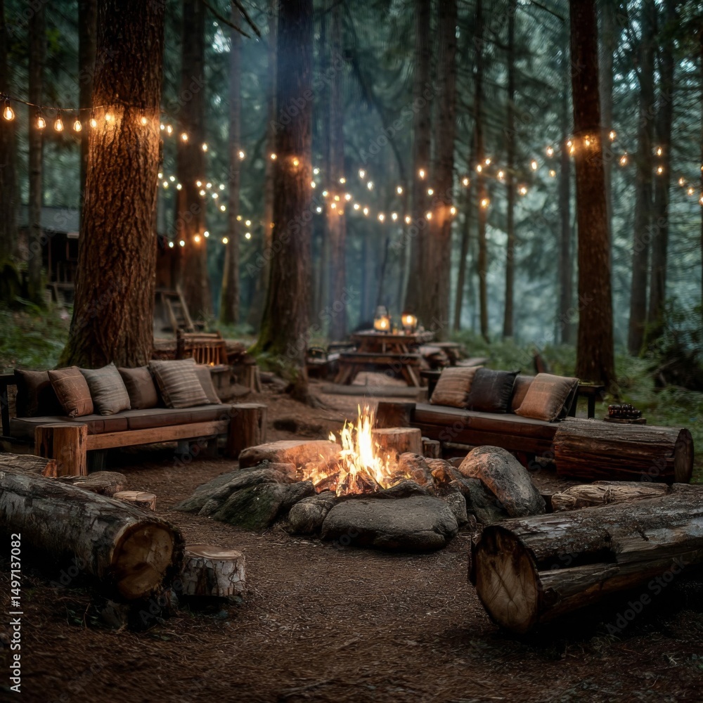 Rustic Forest Campfire with String Lights at Night Rustic Forest Campfire with String Lights at Night