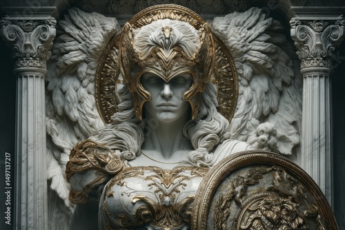 Marble statue of Athena with shield and owl in a temple niche showcasing Greek mythology