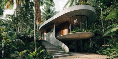 Concrete jungle home nestled in lush tropical foliage