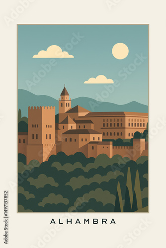 Flat Style Illustration of Alhambra – Minimalist Poster of Historic Moorish Palace and Fortress in Granada with Scenic Landscape, Blue Sky and Elegant Travel Art