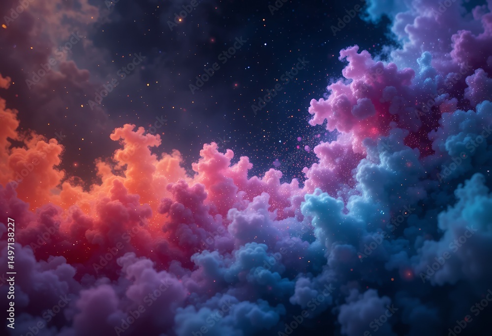 Fototapeta premium Vivid contrasting clouds illuminated by colorful light in a starry night sky