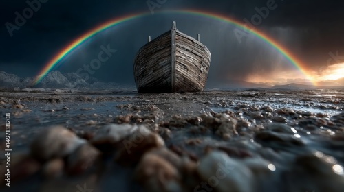 Fototapeta Naklejka Na Ścianę i Meble -  Noah's Ark resting on the ground with a vibrant rainbow above and mountains in the background