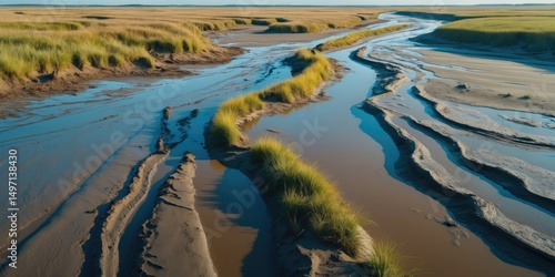 Wallpaper Mural River delta with water channels and grassy patches on sandy shores. Torontodigital.ca