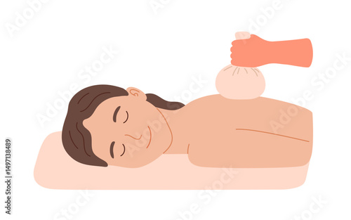 Thai massage with bag. Body relax. Woman lying on bad on manual therapy. Vector illustration