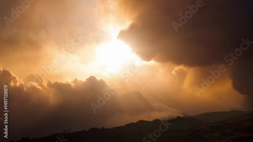 Wallpaper Mural A vast volcanic ash and dust cloud forms dramatic patterns in the sky. Sunlight pierces through, creating cinematic rays that illuminate the darkened atmosphere Torontodigital.ca