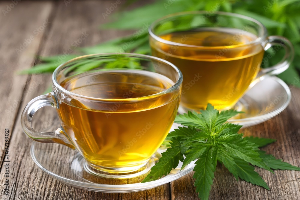 Herbal tea served in glass cups with fresh leaves Herbal tea served in glass cups with fresh leaves