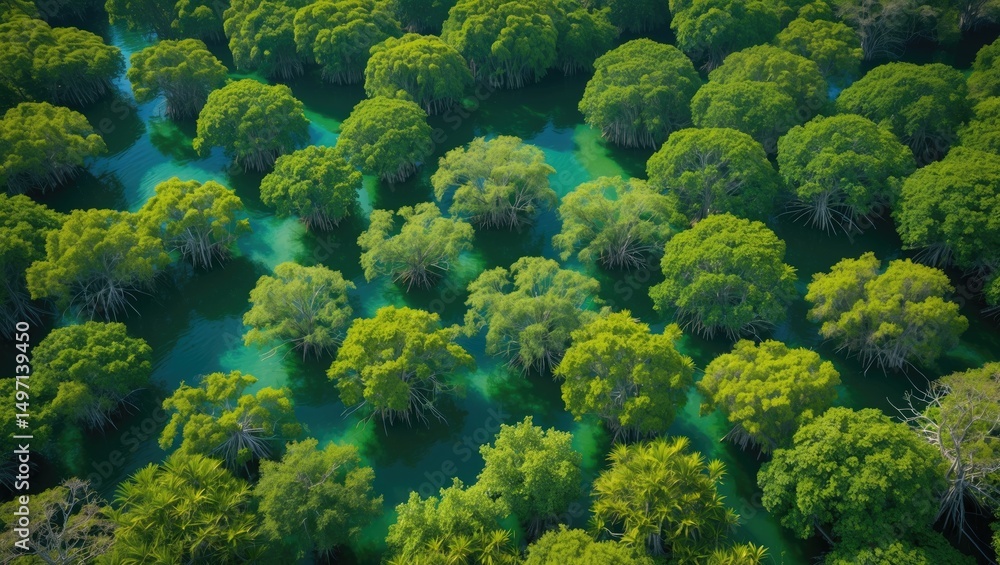 Aerial view of lush mangrove trees surrounded by water, showcasing dense greenery and aquatic habitat.