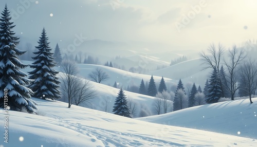 Wallpaper Mural Serene winter landscape with snow-covered hills and evergreen pine trees in soft daylight Torontodigital.ca
