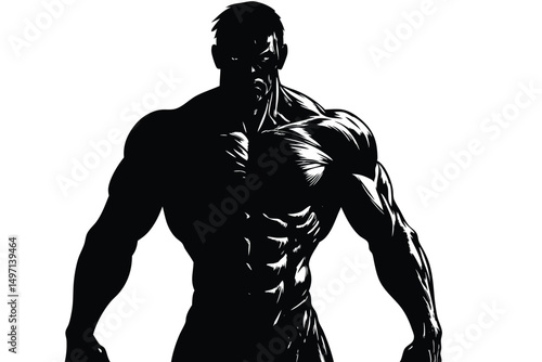 Muscular black silhouette of a strong young man's bodybuilder pose