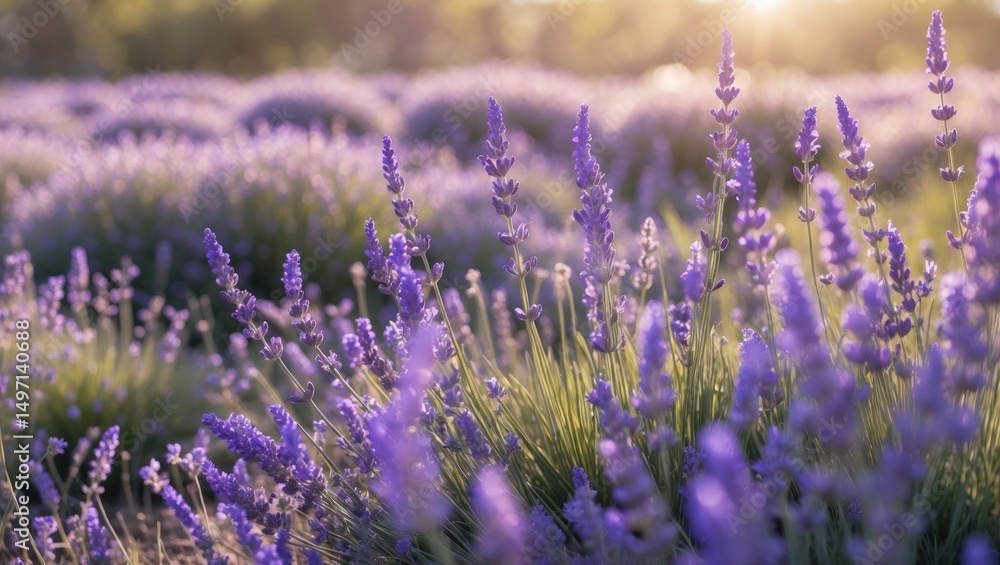 Fototapeta premium Lavender field in bloom with sunlight, peaceful nature scene, aromatic plants, and vibrant purple flowers.