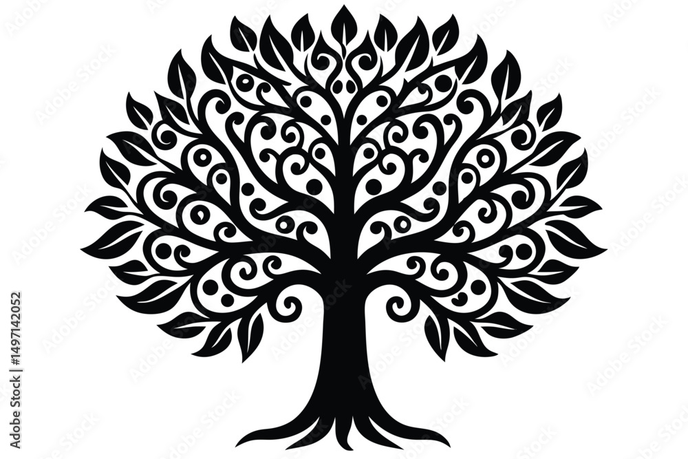 Obraz premium Vector silhouette tree with roots, leaves, and branches illustrating nature's growth symbol