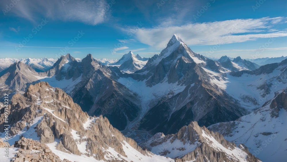 Obraz premium Snow-capped mountain range with peaks and rugged terrain.