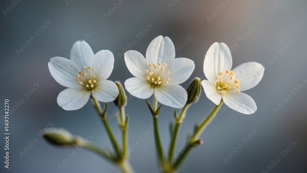 Fototapeta premium Three white flowers with light petals and yellow stamens on green stems, close-up shot, with a blurred background.