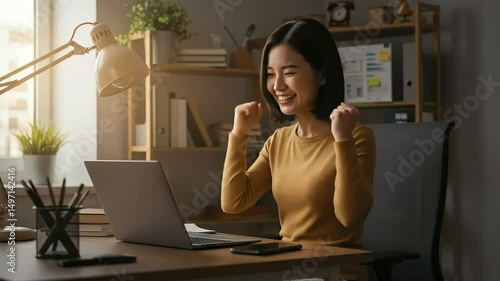 Joyful Asian woman celebrates success while working from home on her laptop in bright workspace.