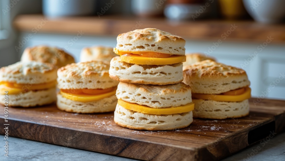 Sandwich cookies with cheese and bread slices stacked on a wooden cutting board.