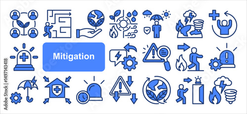 Mitigation icon collection set. Containing preparedness, disaster, risk, reduction, strategy, resilience, vulnerability icon. Simple line vector.