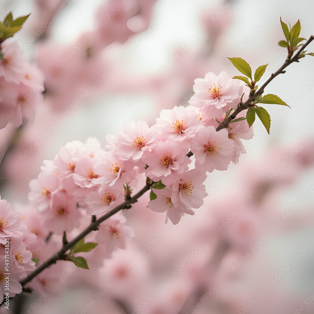 A close-up view of delicate pink cherry blossom flowers clustered on slender branches, with lush green leaves peeking between the blooms. The soft, pastel petals create a serene and cheerful atmos A close-up view of delicate pink cherry blossom flowers clustered on slender branches, with lush green leaves peeking between the blooms. The soft, pastel petals create a serene and cheerful atmos