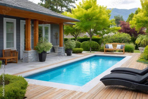Modern backyard with inground swimming pool and landscaping