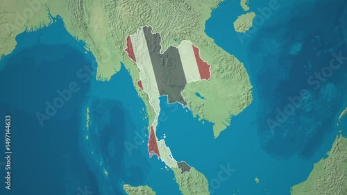 Zoom from Earth to Thailand. (Country Flag) World map animation with highlighted borders of countries. Southeast Asia Cinematic 3d world map animation highlights aerial views, tourism, and travel. 4k