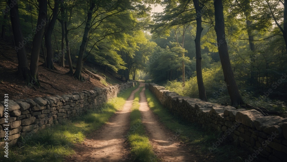 Obraz premium A dirt path in a forest with stone walls on both sides, surrounded by lush green trees and sunlight filtering through the leaves.