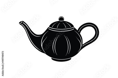 Silhouette art illustration of a teapot with a curved spout and handle.eps