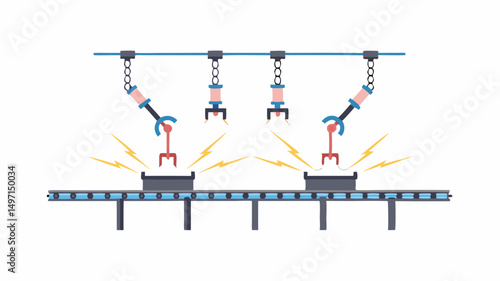 Illustration of automated assembly line with robotic arms and conveyor belt in a factory setting showing sparks