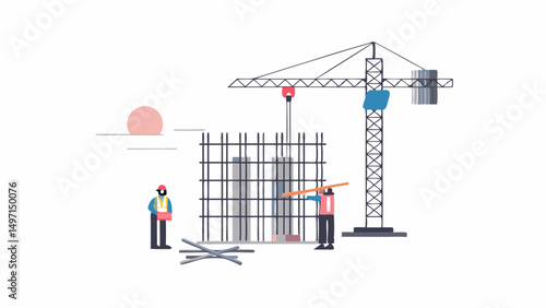 Illustration of construction site with workers, crane, reinforcement and building under construction project